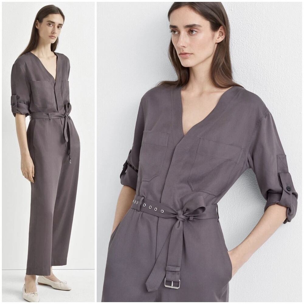 CLUB MONACO Grey-Brown Utility Belted Lyocell Jumpsuit w Roll-Tab Sleeves Size 8